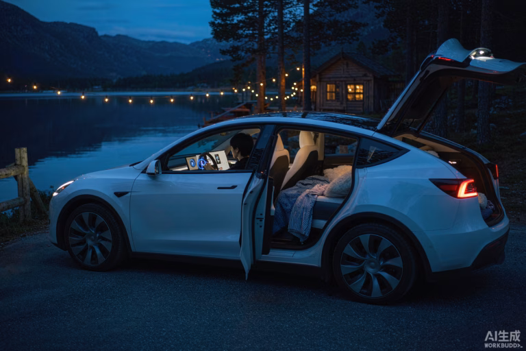 White Tesla Model Y at a lakeside campsite at dusk with warm glowing cabin, a person using the in-car voice AI assistant on the touchscreen, an air mattress visible through the open tailgate, cozy electric camping with Tesla Grok