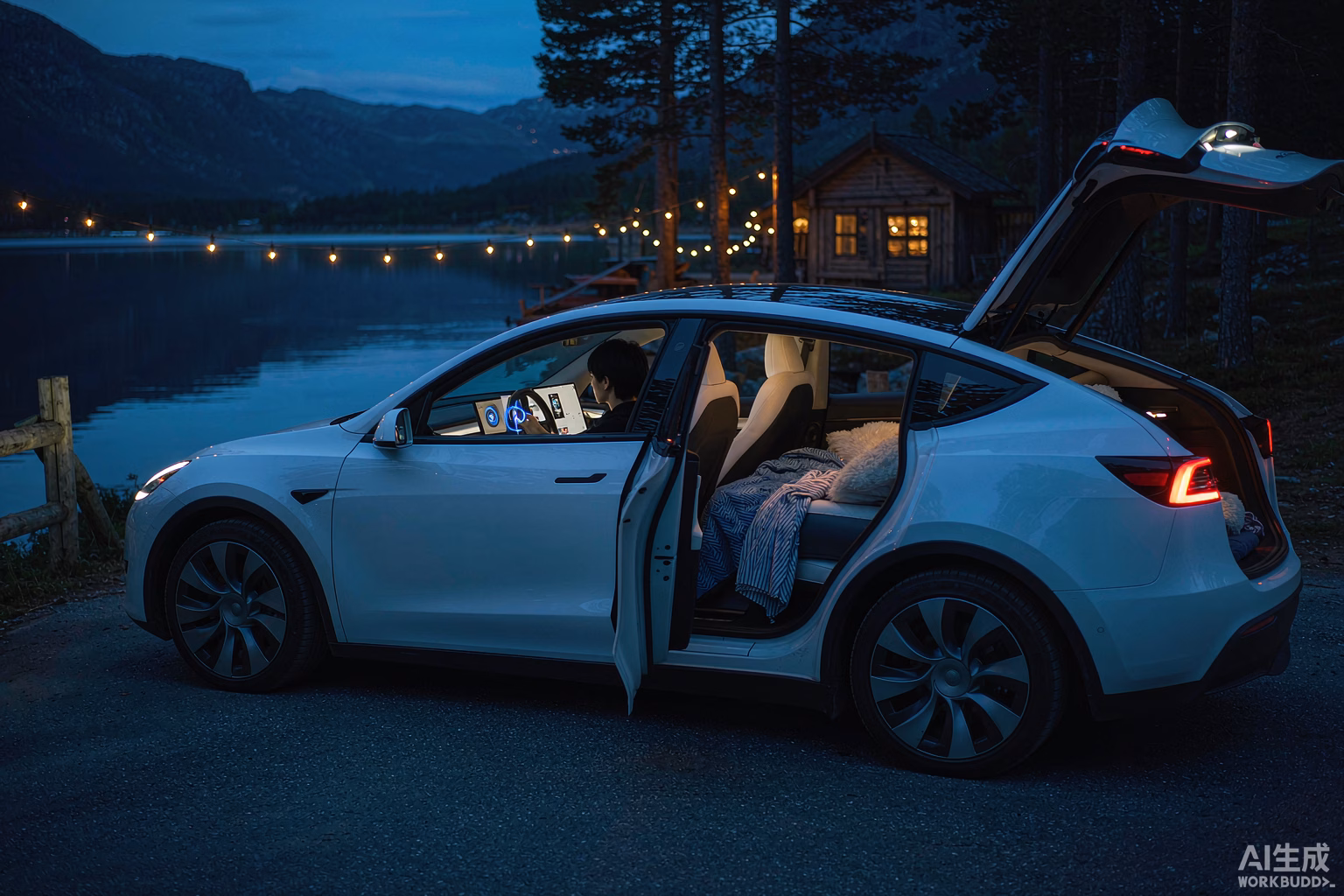 White Tesla Model Y at a lakeside campsite at dusk, warm glowing cabin, a person using the in-car voice AI assistant, air mattress visible through the open tailgate