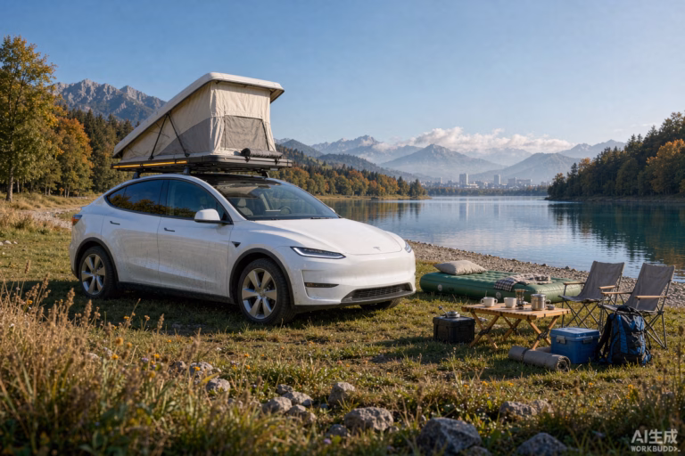 White Tesla Model Y at a quiet lakeside campsite near Munich in Bavaria in early September with a rooftop tent and inflatable air mattress, the perfect Tesla camping base for IAA Mobility Munich 2026
