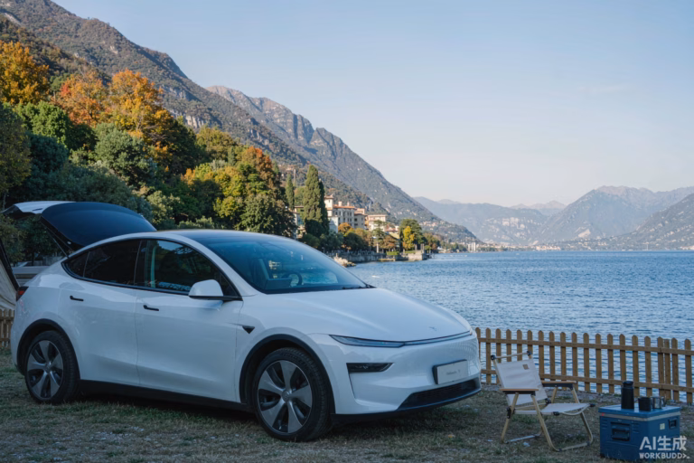 White Tesla Model Y at a Lake Garda Italy campsite in early autumn with mountains, blue lake, golden trees and a portable camping setup, the autumn Tesla camping destination