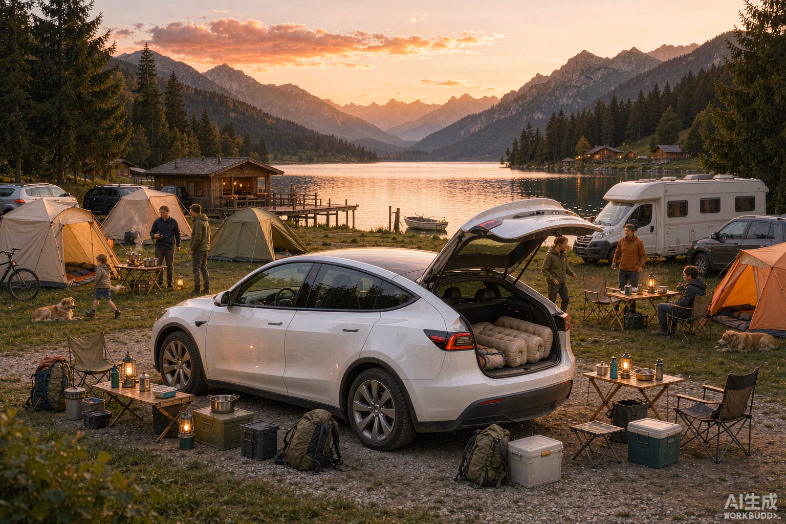 White Tesla Model Y at a bustling European lakeside campsite at golden hour, glowing cabin, campers and tents around a mountain lake