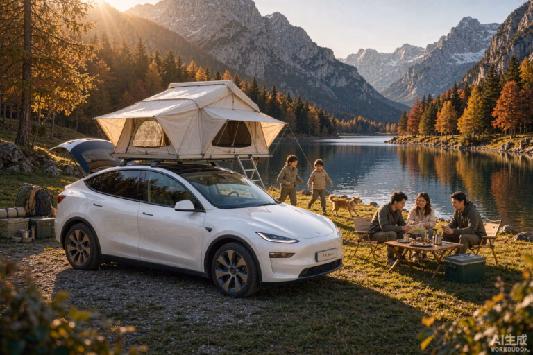 White Tesla Model Y with a rooftop tent at a scenic alpine lakeside campsite in Europe, symbolising why the best-selling car in Europe is also the ideal family camping vehicle in autumn 2026