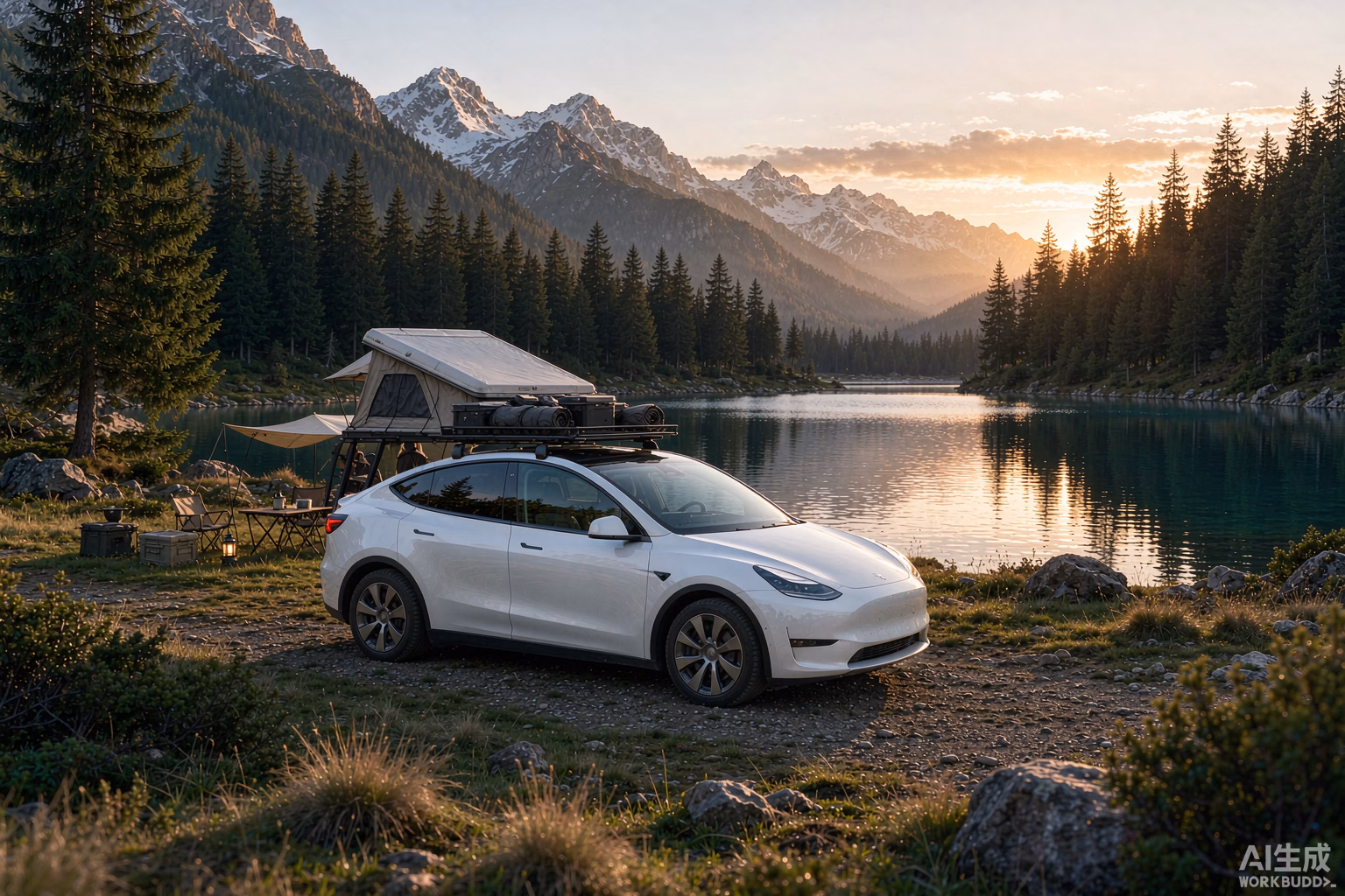 White Tesla Model Y with a rooftop tent at a scenic alpine lakeside campsite in Europe, the new most-efficient and most-affordable Model Y
