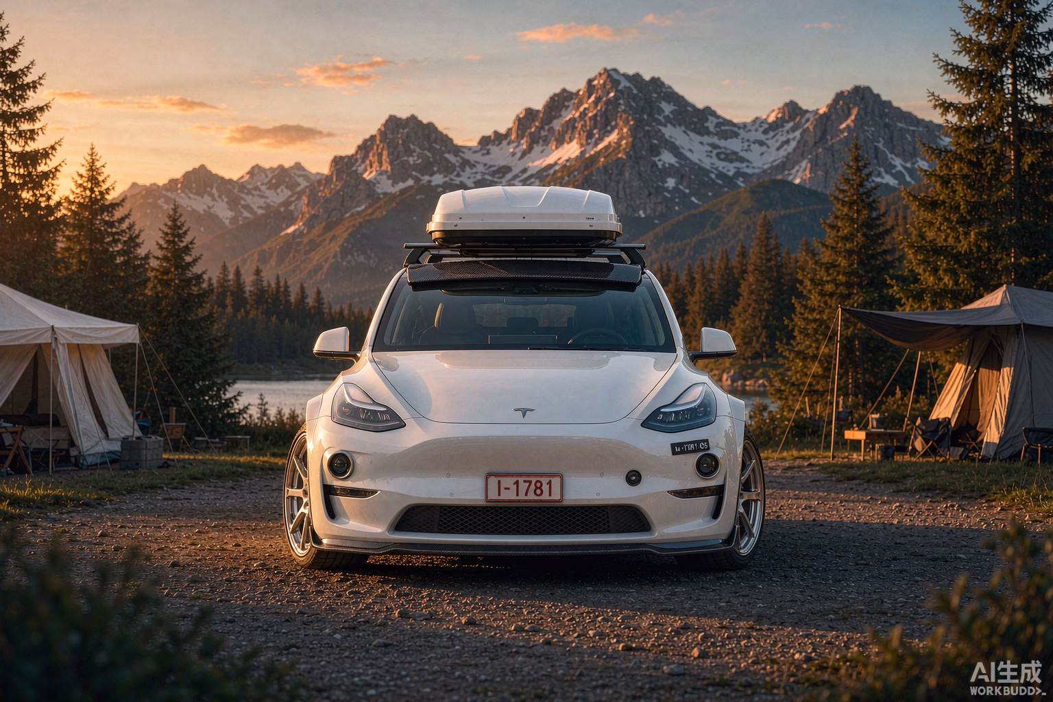 White 2026 Tesla Model Y Performance with 21-inch wheels and carbon-fibre spoiler at a scenic European alpine lakeside campsite at golden hour with a rooftop tent