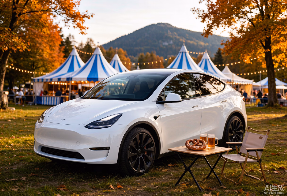 White Tesla Model Y parked at a campsite near Munich during Oktoberfest season with blue-and-white festival tents in the distance, autumn trees and a portable camping setup