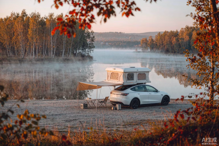 White Tesla Model Y with rooftop tent and awning set up for a one-night autumn lakeside micro-adventure in Europe with compact camp gear and portable power station