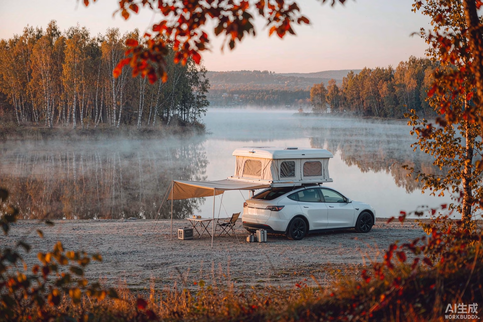 White Tesla Model Y with rooftop tent and awning set up for a one-night autumn lakeside micro-adventure in Europe with compact camp gear and portable power station