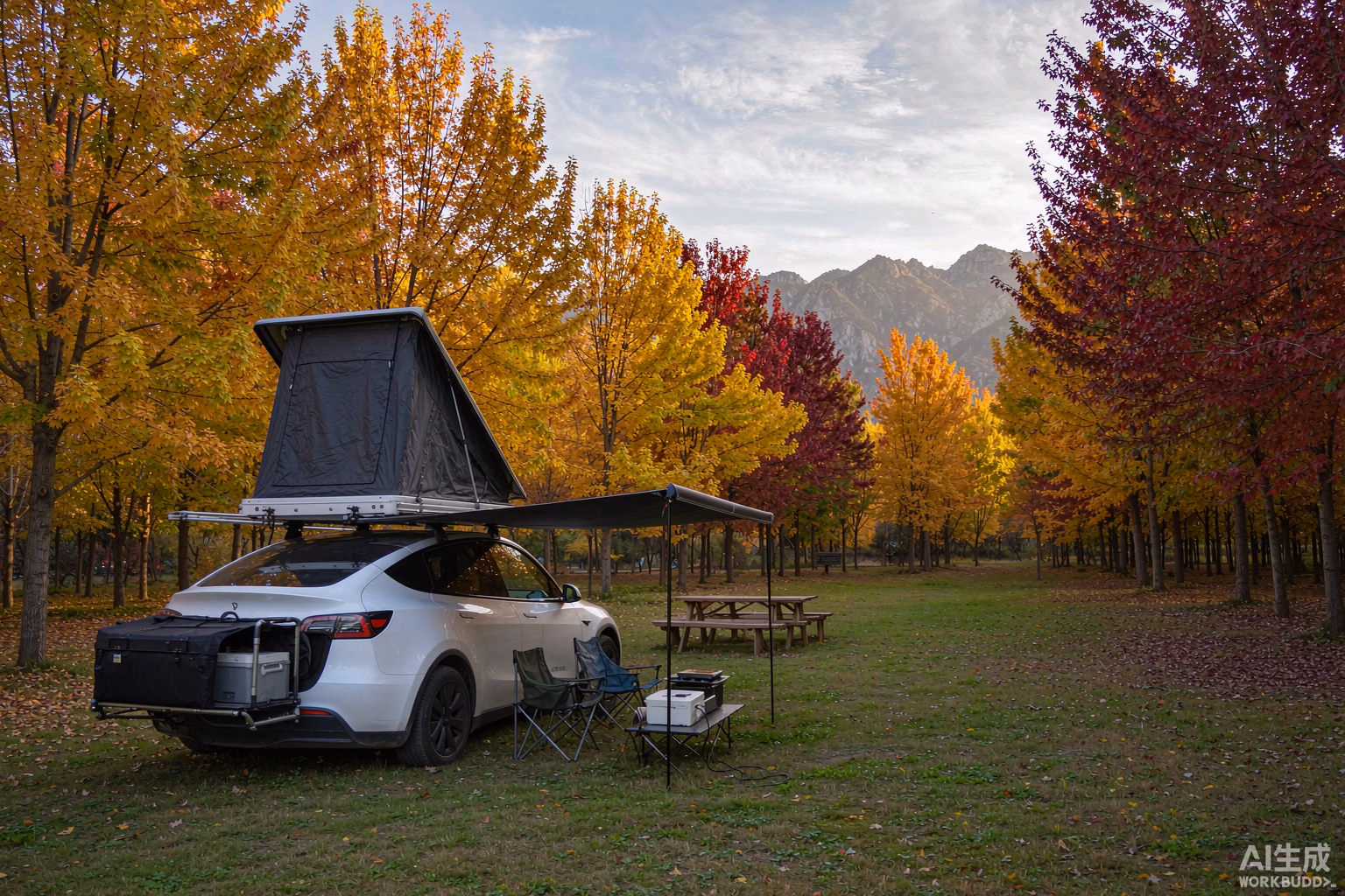 Clean white Tesla Model Y with a rooftop tent set up at a European autumn campsite with awning, portable power station, fridge and camp chairs