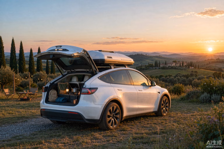 White Tesla Model Y with a hardshell rooftop tent at an Italian countryside campsite at golden hour, open tailgate with camping gear, comfort-first Tesla camping without a motorhome