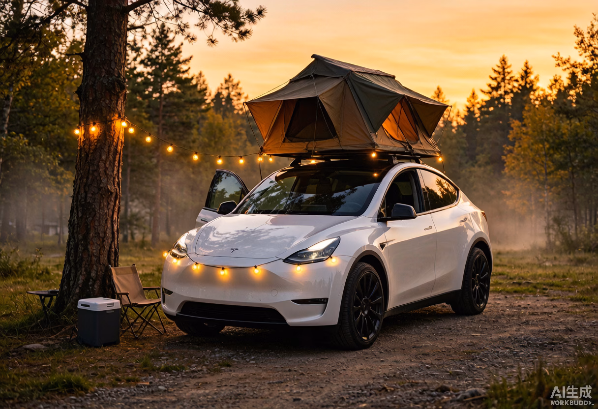 White Tesla Model Y at a European campsite at dusk with a rooftop tent, warm string lights and a portable fridge, illustrating the electric camping ecosystem Tesla is building across Europe