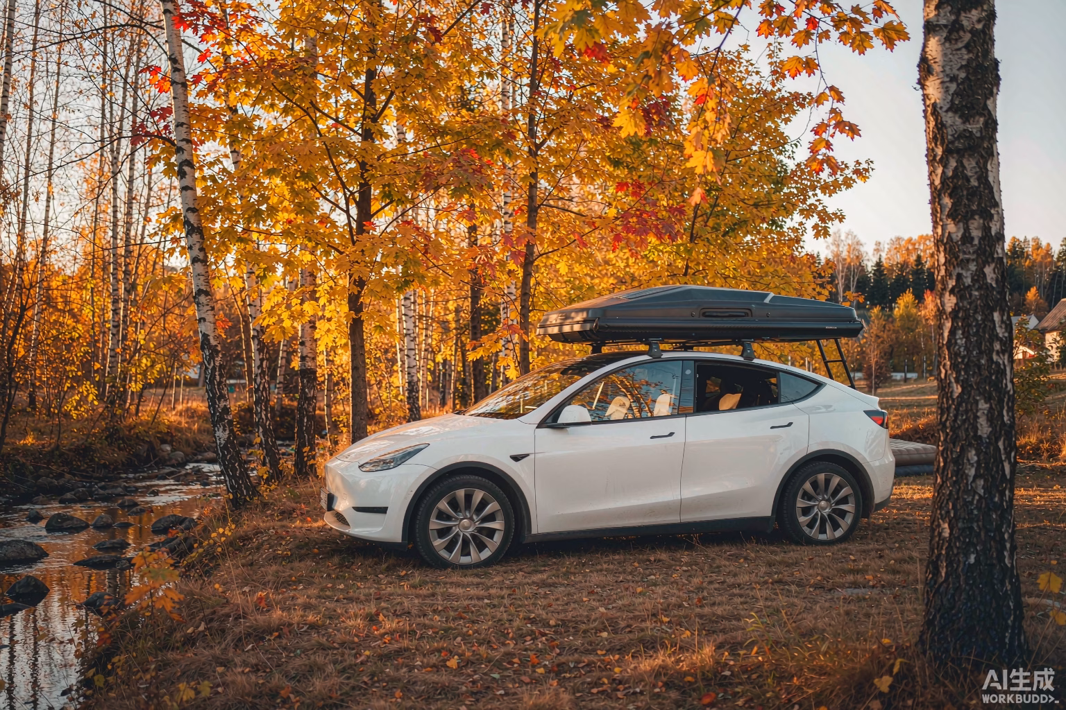 White Tesla Model Y at a peaceful autumn European forest campsite in early September with golden fall foliage, a rooftop tent and an inflatable air mattress