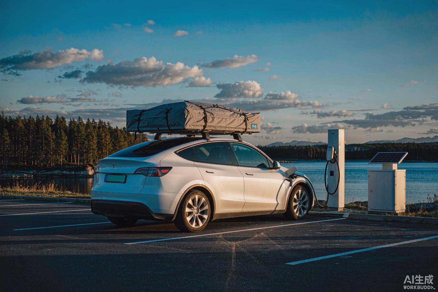 White Tesla Model Y with a rooftop tent parked at a Tesla Supercharger station by a northern European lake, symbolising how fast the European Supercharger network is expanding in 2026 and removing range anxiety for Tesla campers