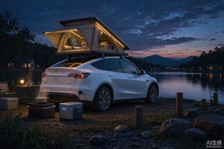 White Tesla Model Y at a European lakeside campsite at blue hour with a rooftop tent and camping gear powered from the car, representing Tesla vehicle-to-load V2L camping power