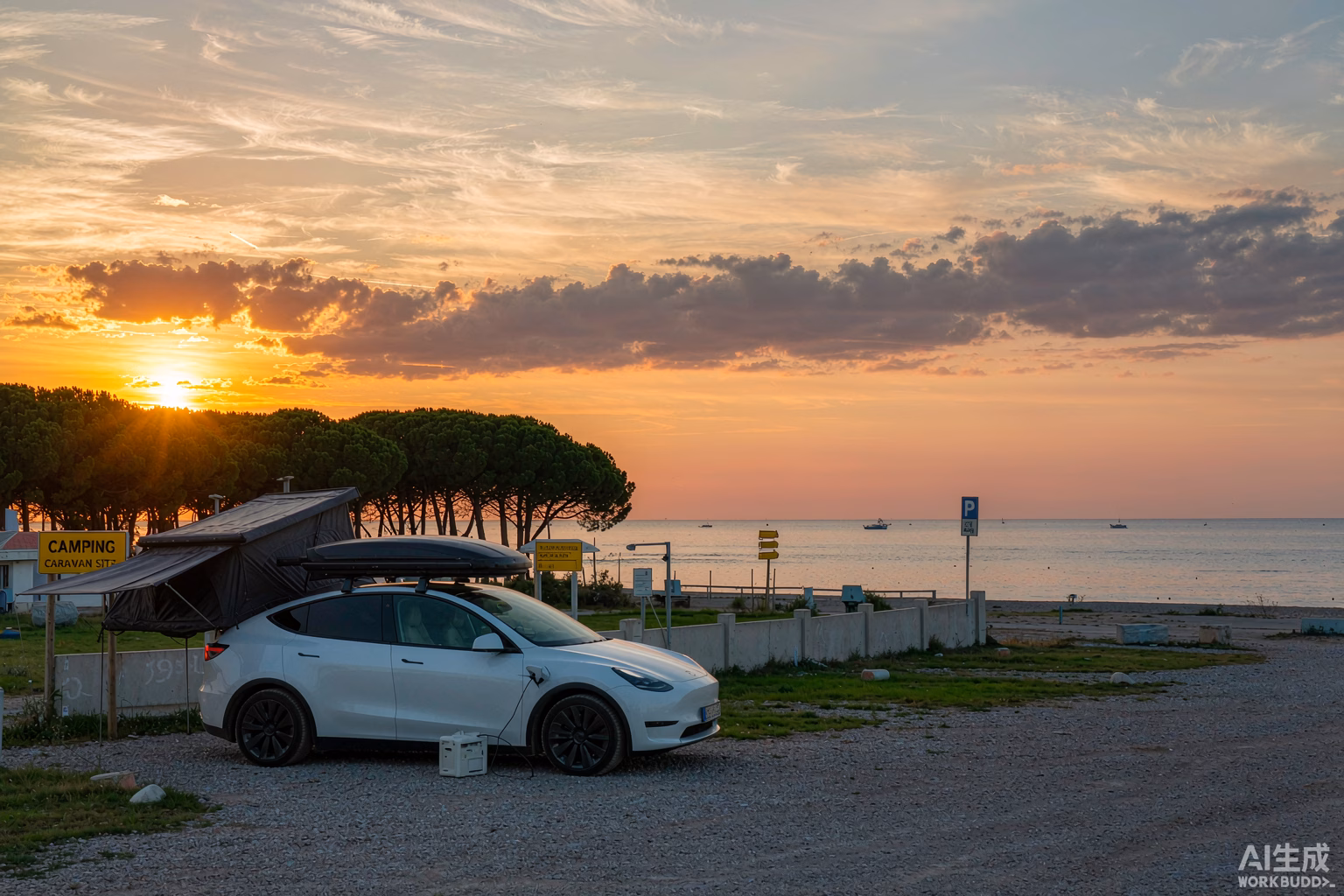White Tesla Model Y parked legally at a tidy European coastal campsite at sunset, fitted with a rooftop tent and a portable power station, a self-sufficient off-grid setup as wild camping gets restricted across Europe in 2026