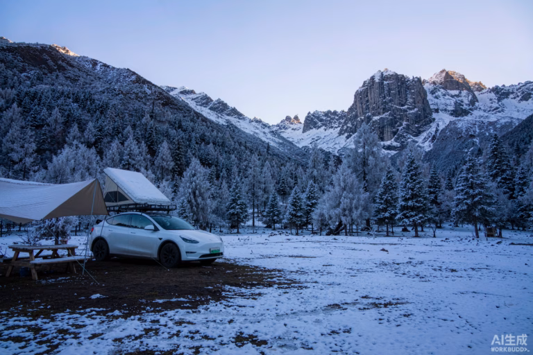 White Tesla Model Y with a snow-covered rooftop tent at a high alpine campsite in early winter