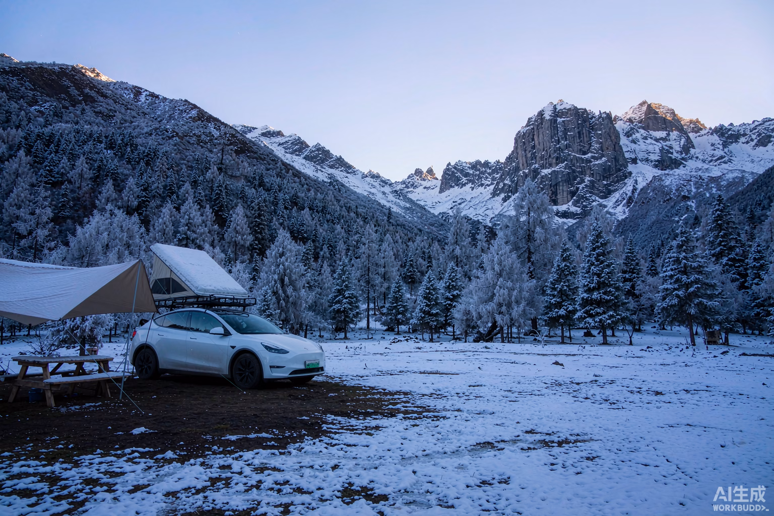 White Tesla Model Y with a snow-covered rooftop tent at a high alpine campsite in early winter