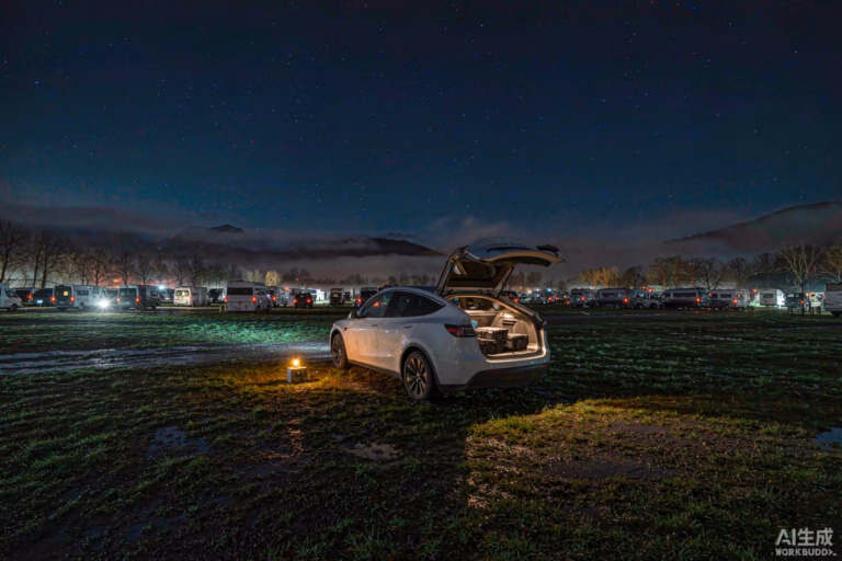 White Tesla Model Y parked on a European campsite pitch after dark with the boot open, a portable power station and lantern glowing beside it