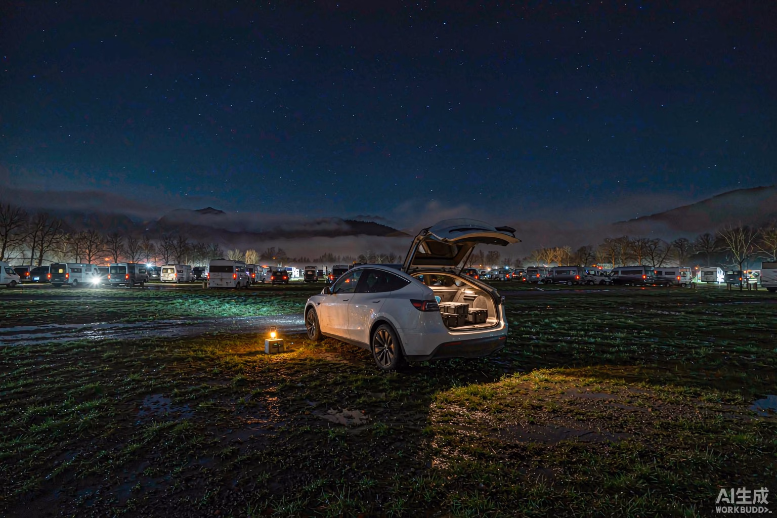 White Tesla Model Y parked on a European campsite pitch after dark with the boot open, a portable power station and lantern glowing beside it