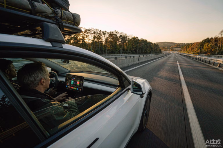 White Tesla Model Y with camping gear on the roof cruising on a German autobahn at golden autumn sunset with driver assistance active