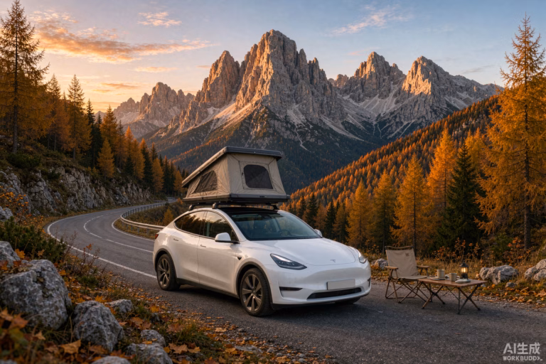 White Tesla Model Y with a rooftop tent on a mountain road in the High Tatras in autumn