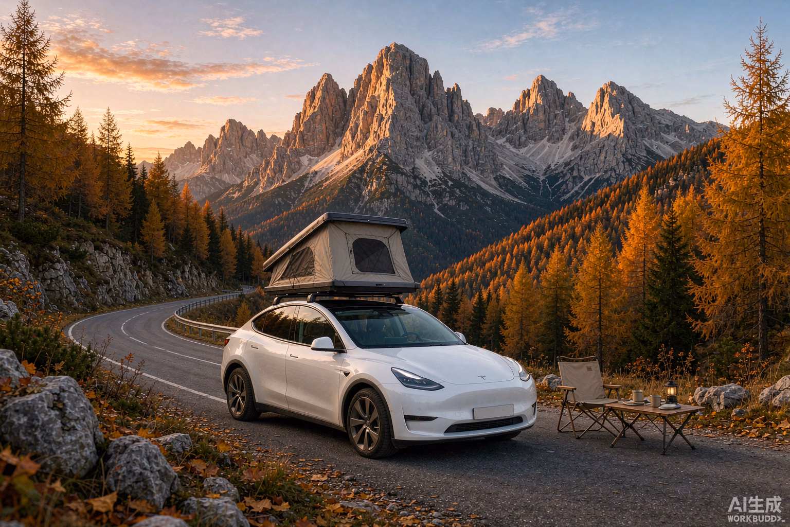 White Tesla Model Y with a rooftop tent on a mountain road in the High Tatras in autumn