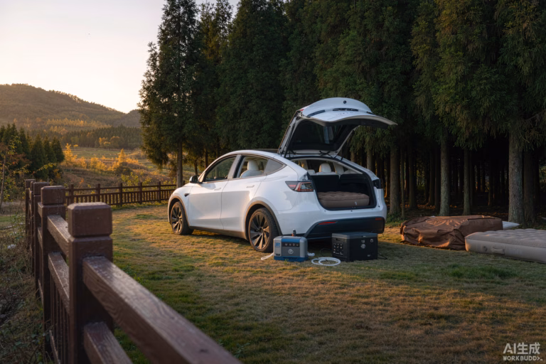White Tesla Model Y with the boot open and camping gear laid out on a grass pitch at a European autumn campsite