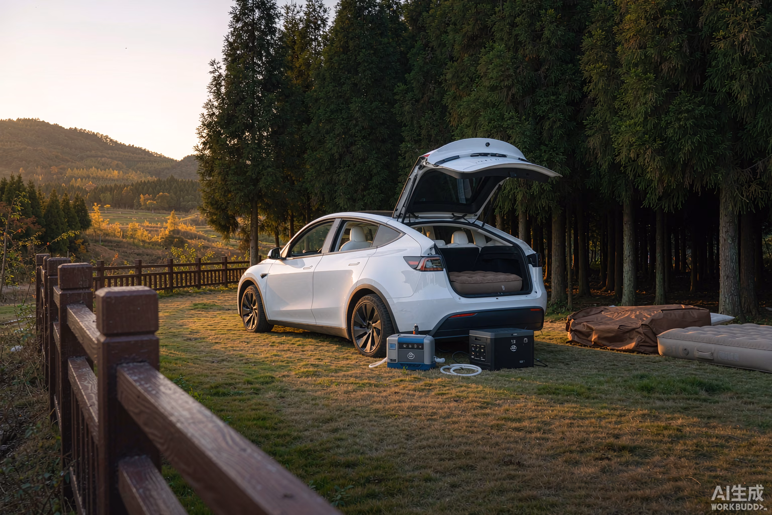 White Tesla Model Y with the boot open and camping gear laid out on a grass pitch at a European autumn campsite