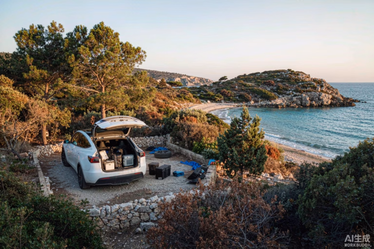 White Tesla Model Y with the boot open at a small Mediterranean coastal campsite in Croatia in late October with the Adriatic sea behind