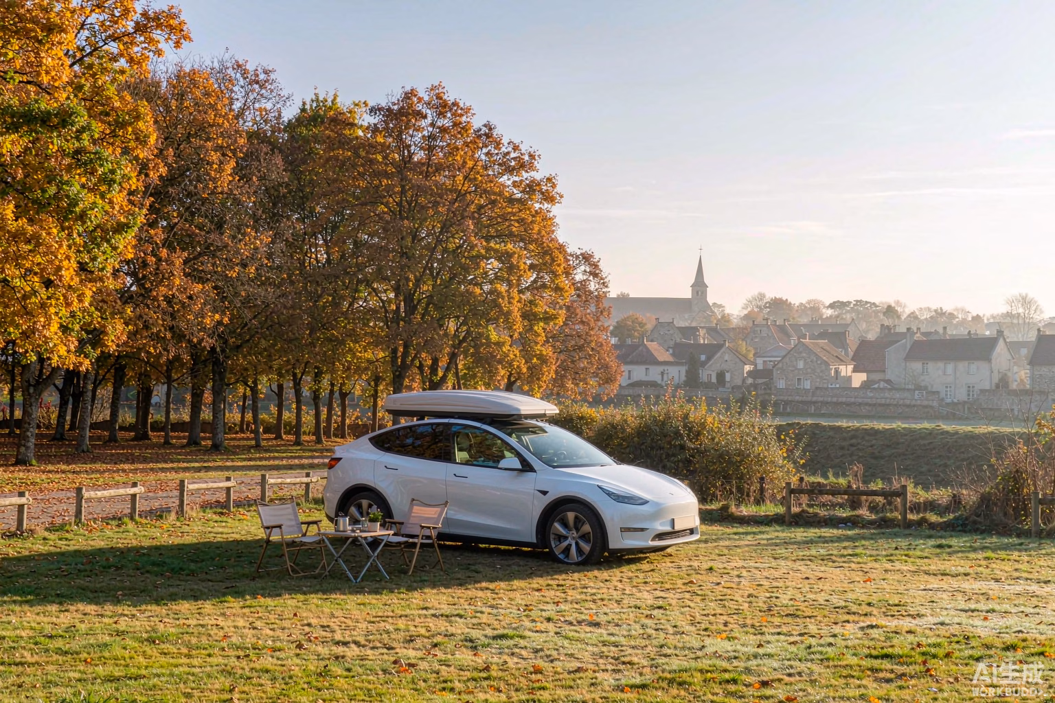 White Tesla Model Y with a rooftop tent on a grass pitch at a French campsite on an autumn morning