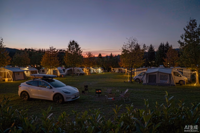 White Tesla Model Y with a rooftop tent at a European campsite at dusk with caravans and warm lights