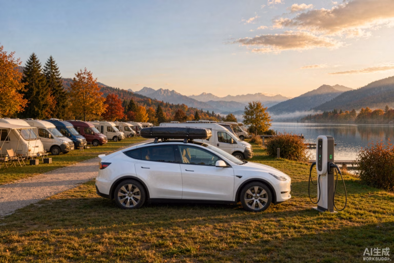 White Tesla Model Y with a rooftop tent at a European lakeside campsite beside an EV charger in autumn