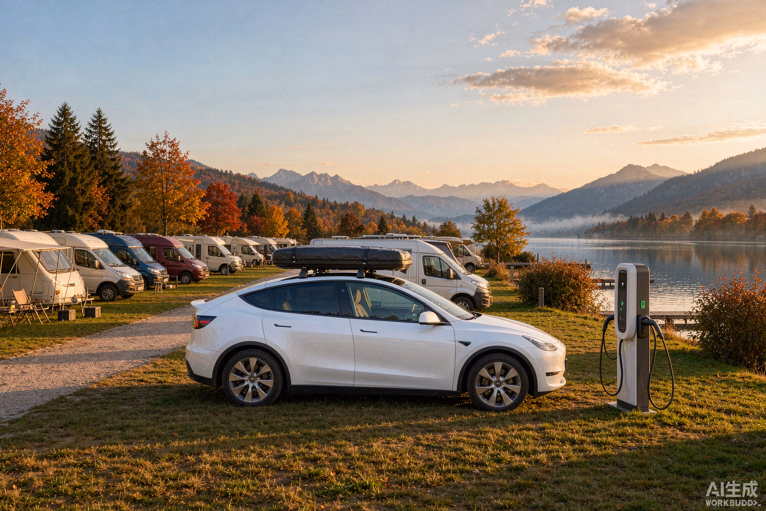 White Tesla Model Y with a rooftop tent at a European lakeside campsite beside an EV charger in autumn