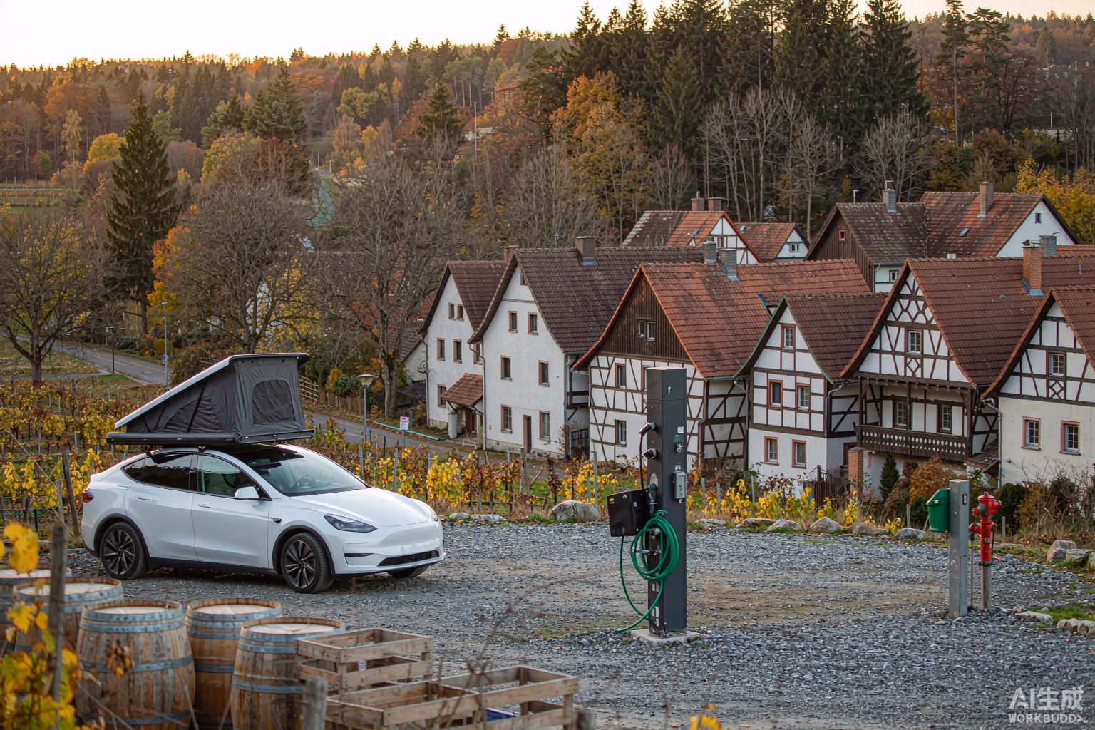 White Tesla Model Y with a rooftop tent at a motorhome stopover beside a German wine village in autumn