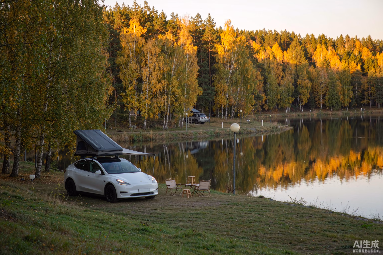 White Tesla Model Y with a rooftop tent on a grass pitch at a Bavarian lakeside campsite in autumn