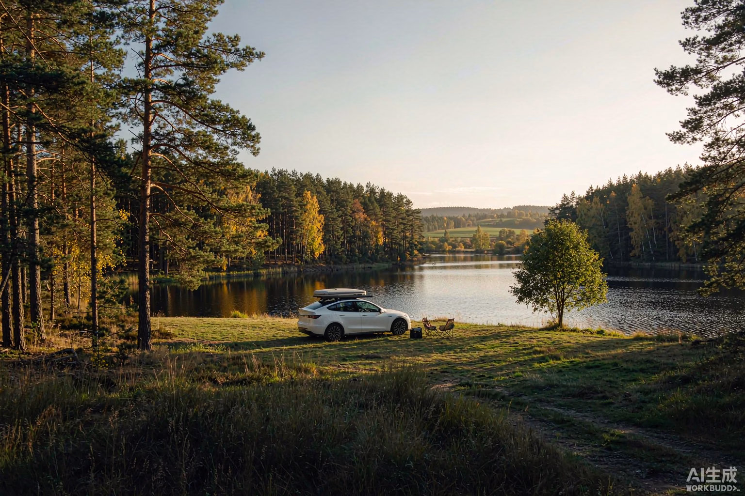 White Tesla Model Y with a rooftop tent at a pine-fringed lakeside campsite in Brandenburg in autumn