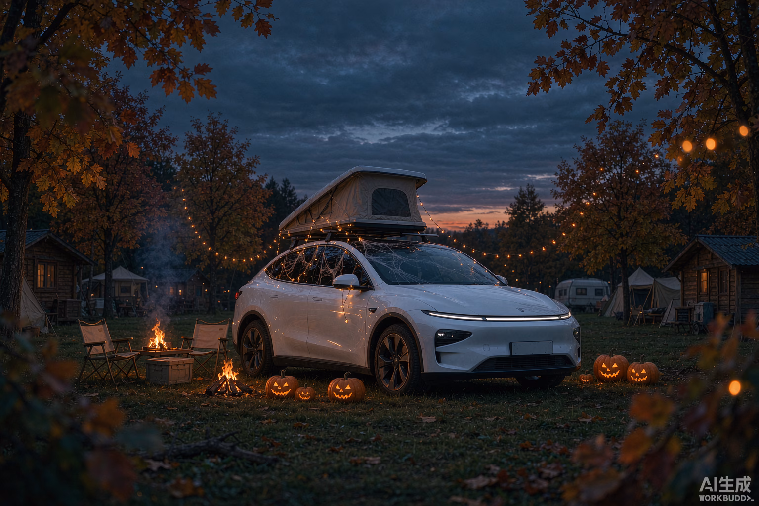 White Tesla Model Y decorated for Halloween with pumpkins and orange lights on a grass pitch at a European autumn campsite at dusk