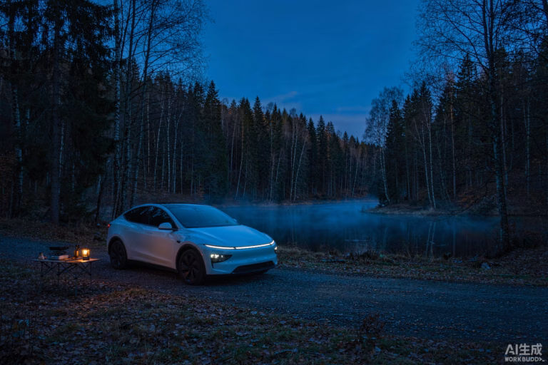 White Tesla Model Y arriving at a quiet European lakeside campsite at dusk in late autumn with a camping kitchen set up beside it