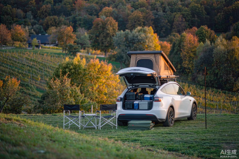 White Tesla Model Y with a rooftop tent on a grass pitch at a German campsite in autumn