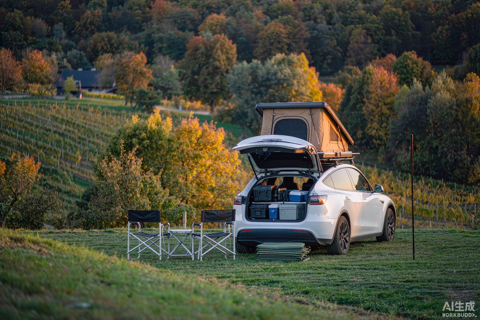 White Tesla Model Y with a rooftop tent on a grass pitch at a German campsite in autumn