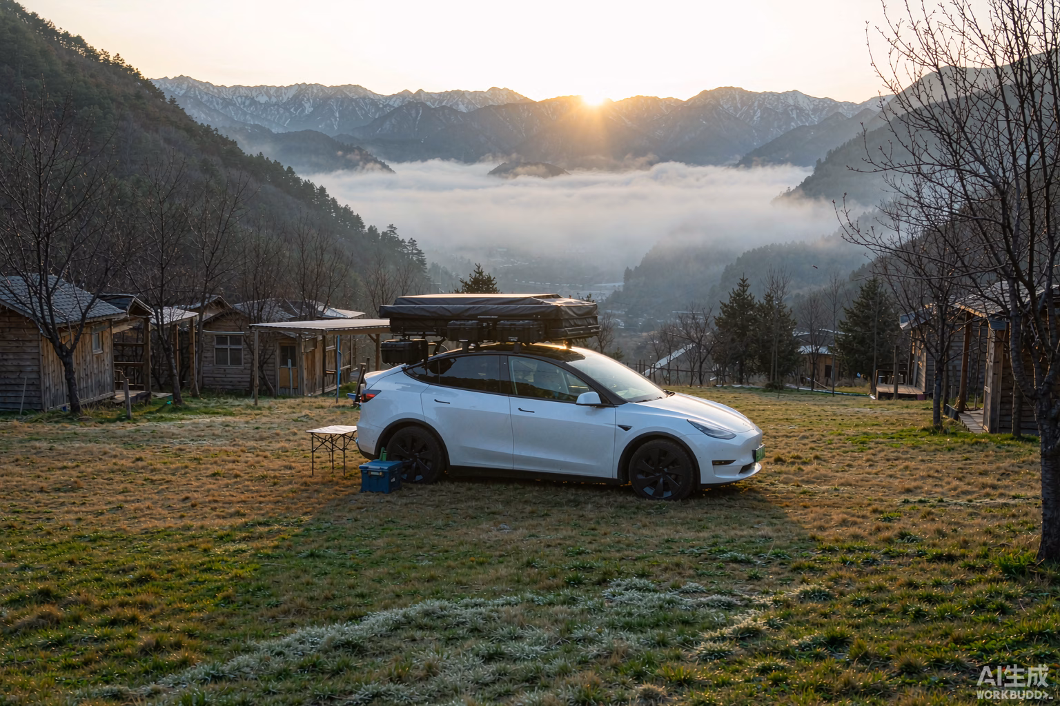 White Tesla Model Y with a rooftop tent at an alpine campsite at sunrise in late autumn