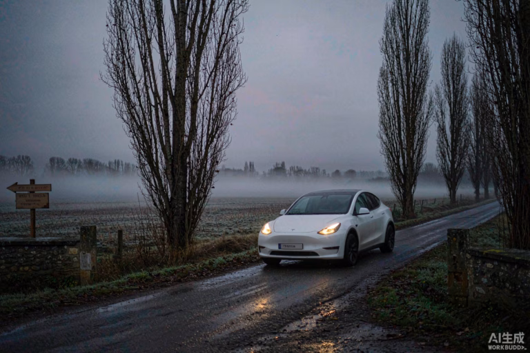 White Tesla Model Y on a narrow wet country lane at dusk in late October passing a wooden campsite sign