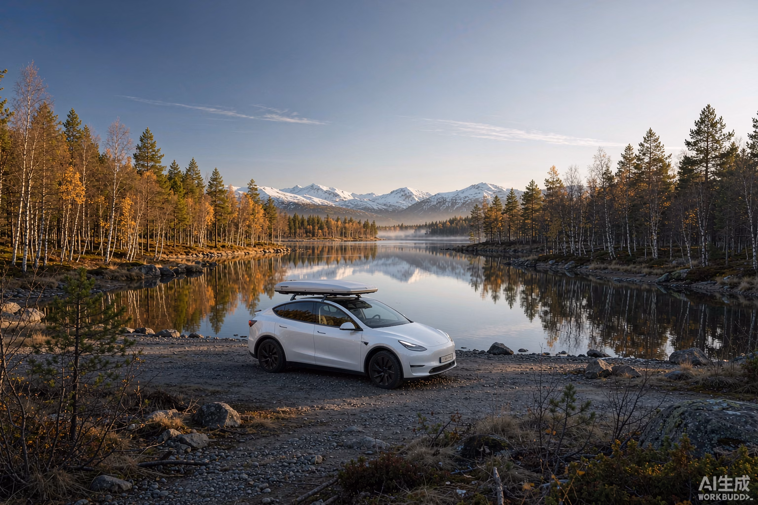 White Tesla Model Y with a rooftop tent beside a still Nordic lake in autumn birch forest