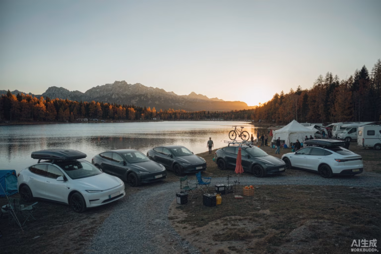 Row of white and grey Tesla Model Y crossovers with rooftop tents and camping gear parked at a European lakeside campsite in golden October autumn light