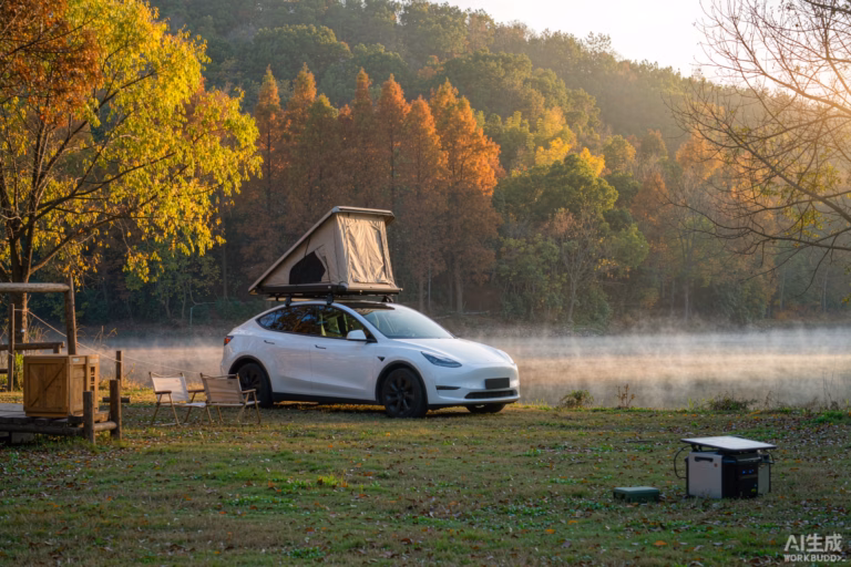 White Tesla Model Y with a rooftop tent at a misty lakeside campsite in Central Europe in late autumn