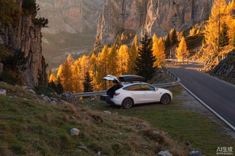 White Tesla Model Y parked at a scenic overlook on an empty European mountain road at golden hour in late autumn with the boot open and camping gear