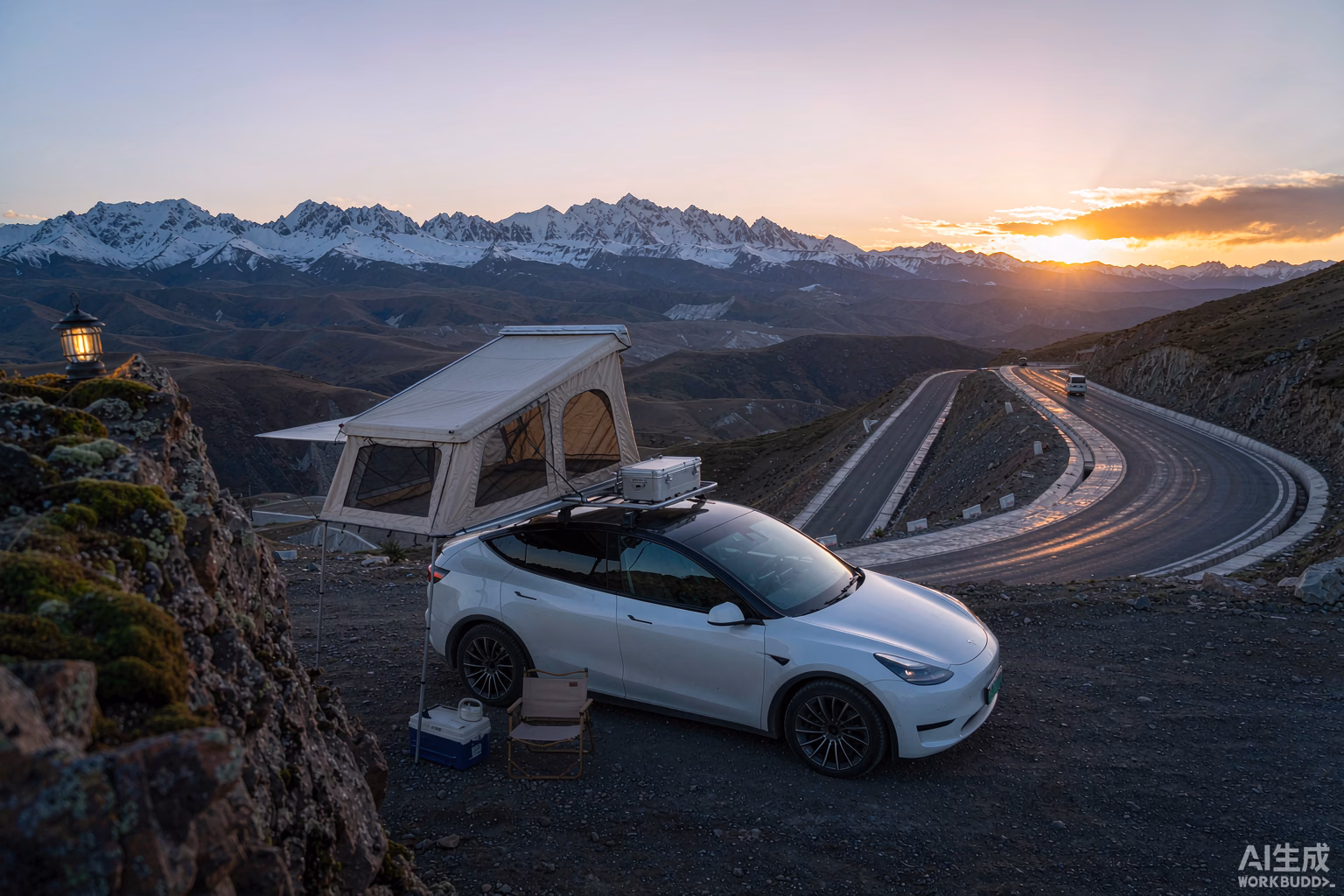 White Tesla Model Y with a rooftop tent at a remote alpine viewpoint at dusk