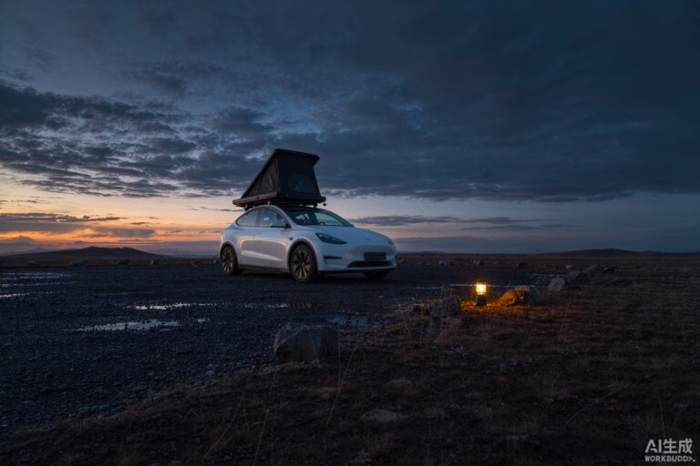 White Tesla Model Y with a rooftop tent on a high open moorland viewpoint at dusk in autumn