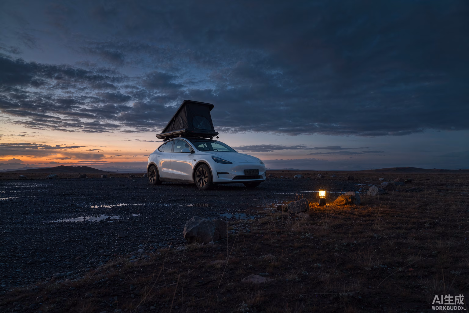 White Tesla Model Y with a rooftop tent on a high open moorland viewpoint at dusk in autumn