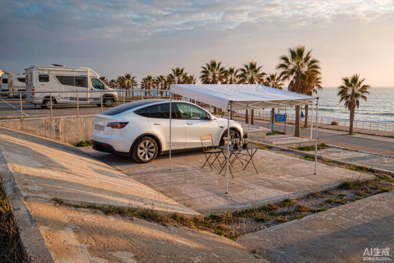 White Tesla Model Y with an awning on a long-stay pitch at a Mediterranean winter sun campsite in Spain