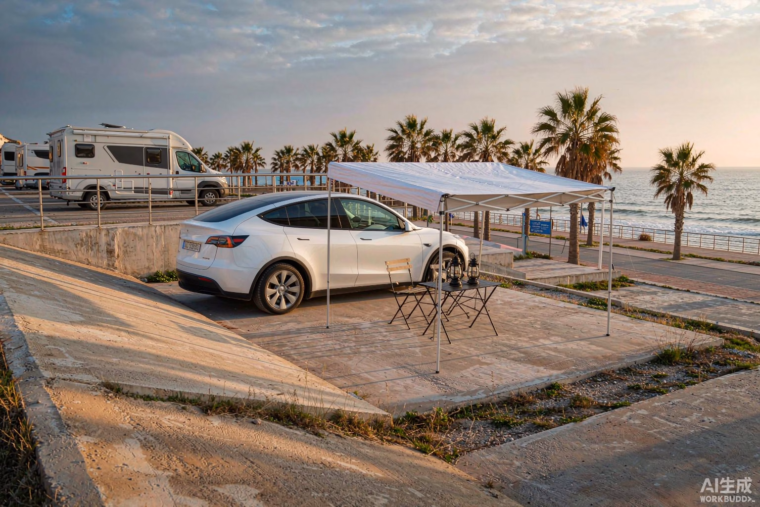 White Tesla Model Y with an awning on a long-stay pitch at a Mediterranean winter sun campsite in Spain